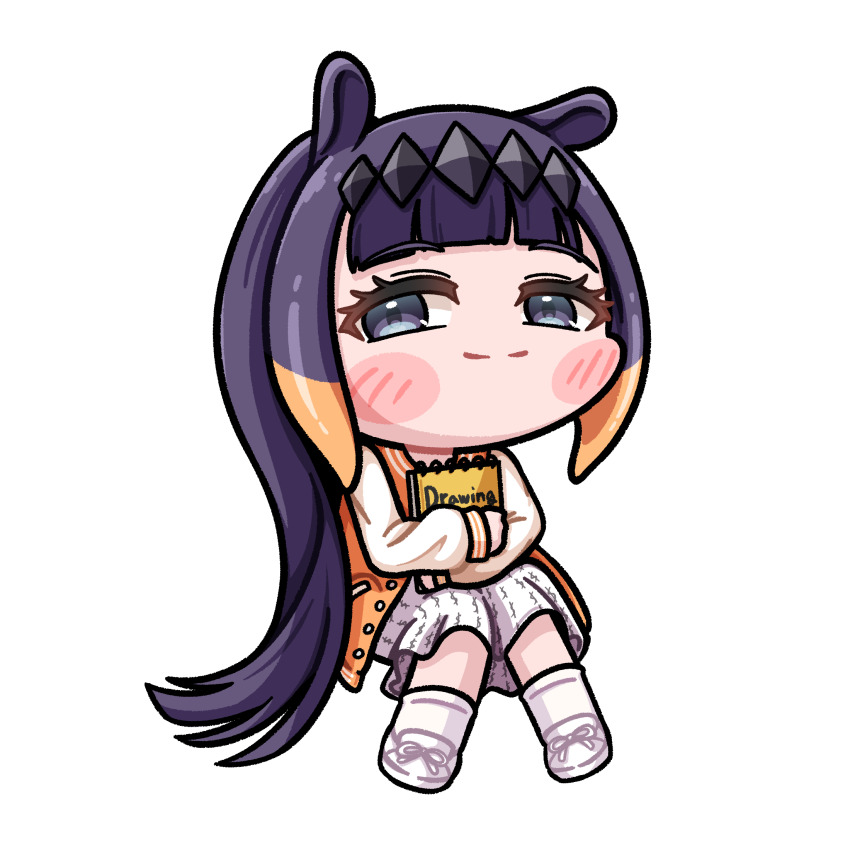 1girl alternate_costume animal_ears black_hair blunt_bangs blush_stickers center-flap_bangs chibi chibi_only closed_mouth commentary_request dress full_body gradient_hair graphite_(medium) grey_eyes headpiece highres holding holding_sketchbook hololive hololive_english jacket kkeulna korean_commentary letterman_jacket long_hair looking_at_viewer multicolored_clothes multicolored_hair multicolored_jacket ninomae_ina&#039;nis orange_hair orange_jacket ponytail purple_hair raglan_sleeves sidelocks simple_background sketchbook smile solo straight_hair tentacle_hair traditional_media two-tone_jacket very_long_hair virtual_youtuber white_background white_dress white_footwear white_jacket white_sleeves