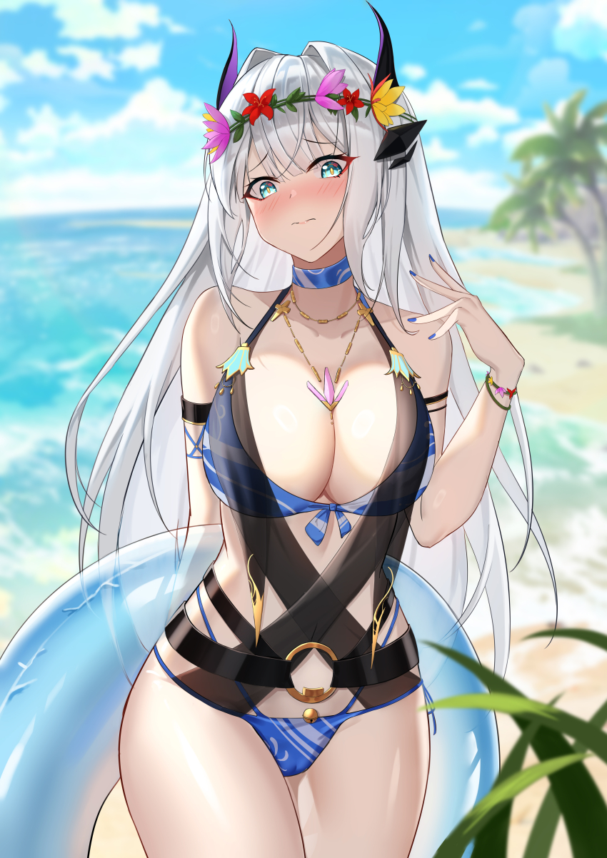 1girl absurdres bare_shoulders beach bikini blue_bikini blue_choker blue_eyes blue_nails blush breasts choker cleavage cloud collarbone dai_mao_xuan_yi eyeliner flower_wreath hair_intakes hair_ornament highres holding holding_swim_ring horizon horns innertube jewelry large_breasts looking_at_viewer makeup necklace nola_(tower_of_fantasy) ocean outdoors palm_tree red_eyeliner shy sky solo swim_ring swimsuit tower_of_fantasy tree white_hair wrist_flower