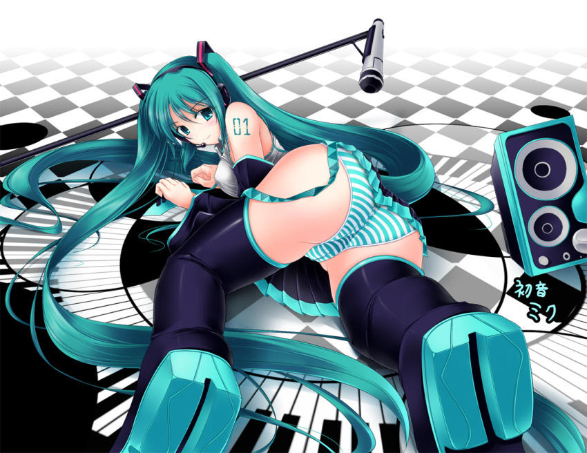 aqua_eyes ass ass_focus checkered_floor detached_sleeves gisyo green_hair hatsune_miku long_hair microphone microphone_stand panties piano_keys solo striped_clothes striped_panties underwear vocaloid