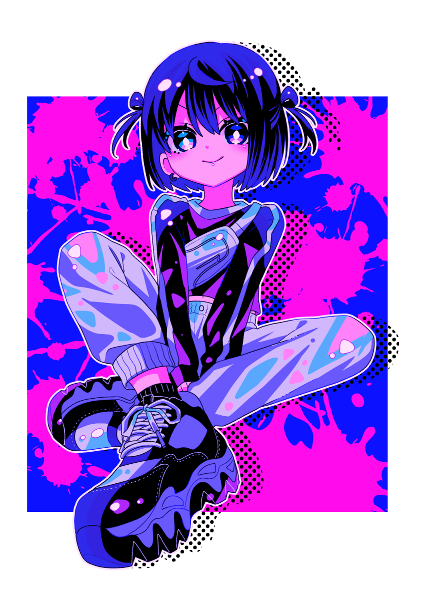 1girl absurdres black_footwear black_hair black_shirt closed_mouth cropped_shirt earrings fanny_pack hair_between_eyes hair_rings halftone high-waist_pants highres indian_style jewelry looking_at_viewer mukai_nanase navel original paint_splatter pants purple_eyes shirt shoes short_hair sitting smile sneakers solo two_side_up v_arms white_pants