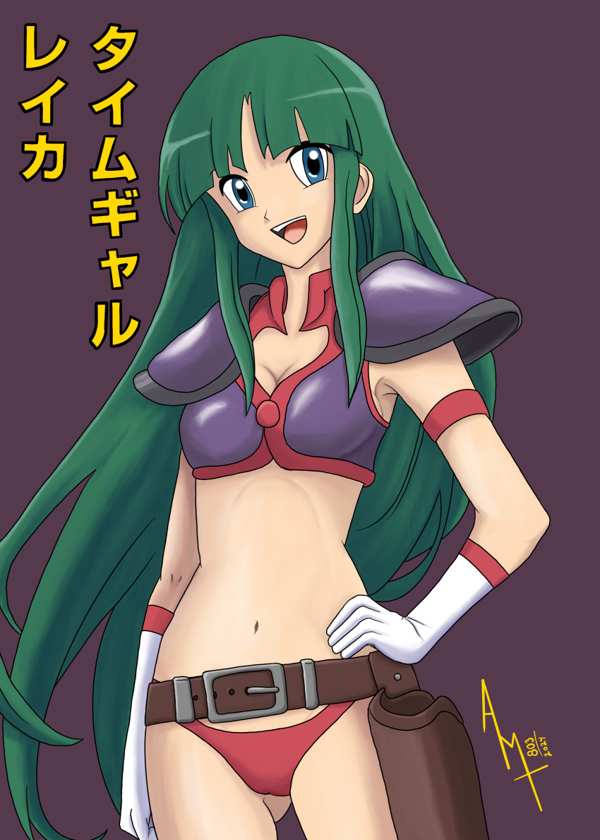 1girl absurdres blue_eyes breasts cleavage gloves green_hair hand_on_own_hip highres kirishima_reika large_breasts legs long_hair looking_at_viewer midriff navel open_mouth retro_artstyle smile solo taito thighs time_gal