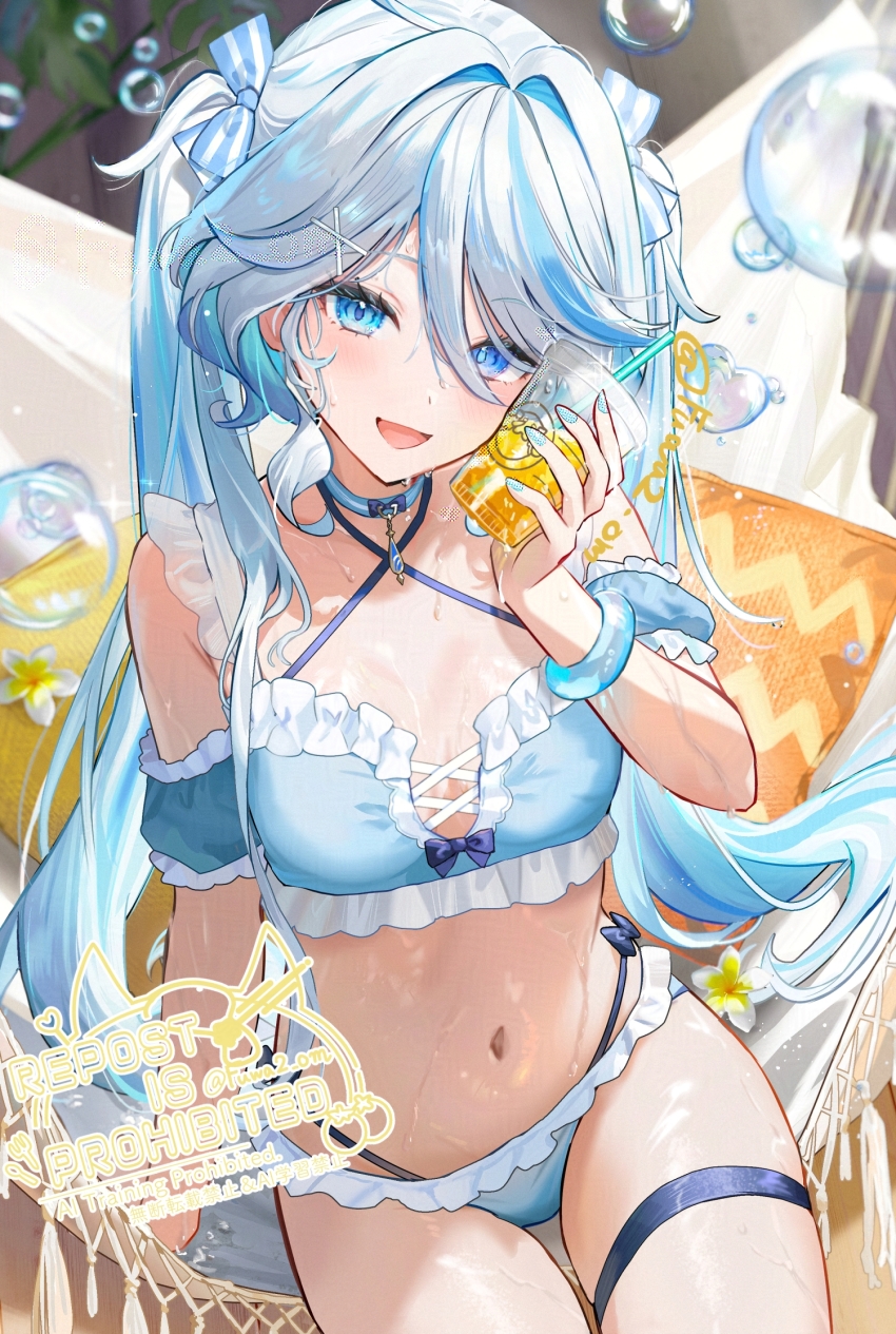 1girl :d adversarial_noise alternate_costume alternate_hairstyle aqua_nails bikini blue_bikini blue_bow blue_choker blue_eyes blue_gemstone blue_hair blue_pupils blush bow breasts breasts_apart choker commentary cup disposable_cup drop-shaped_pupils furina_(genshin_impact) gem genshin_impact hair_bow hand_up heterochromia highres holding holding_cup light_blue_hair long_hair looking_at_viewer medium_hair multicolored_hair nail_polish navel omelet_tomato open_mouth sitting smile solo stomach streaked_hair striped_bow swimsuit symbol-shaped_pupils twintails twitter_username very_long_hair watermark wet white_bow white_hair