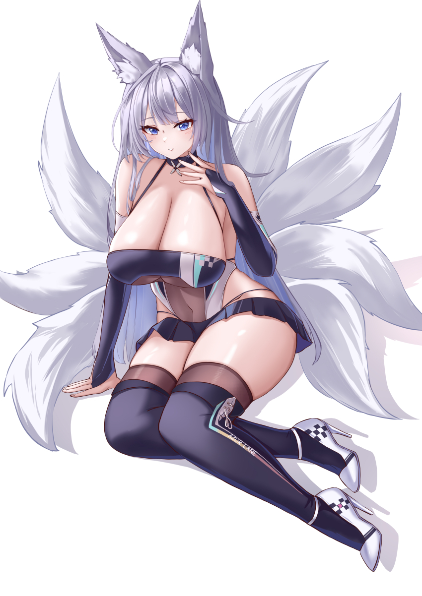 1girl absurdres animal_ear_fluff azur_lane blue_eyes breasts bridal_gauntlets brown_thighhighs checkered_footwear covered_navel fox_girl fox_tail grey_hair heart high_heels highres huge_breasts kaijiba kitsune multiple_tails official_alternate_costume race_queen see-through_clothes shinano_(azur_lane) shinano_(moonlit_chrome)_(azur_lane) skirt solo tail thighhighs underboob white_footwear