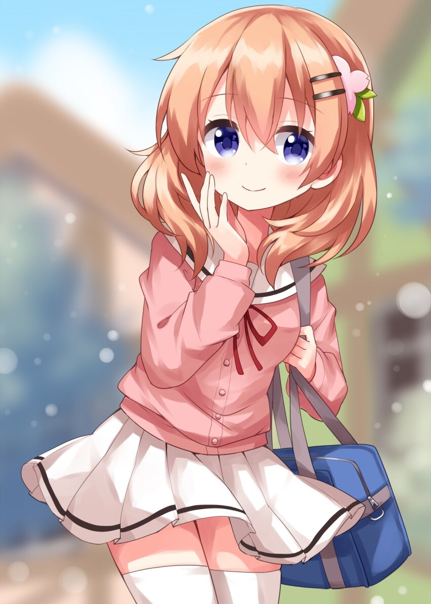 1girl bag blue_bag blue_eyes blurry blurry_background blush buttons closed_mouth commentary_request cowboy_shot day flower gochuumon_wa_usagi_desu_ka? hair_flower hair_ornament hairclip hand_up highres hoto_cocoa long_sleeves looking_at_viewer medium_hair neck_ribbon orange_hair outdoors pink_shirt pleated_skirt red_ribbon ribbon ruu_(tksymkw) sailor_collar shirt shoulder_bag skirt smile solo thighhighs white_sailor_collar white_skirt white_thighhighs