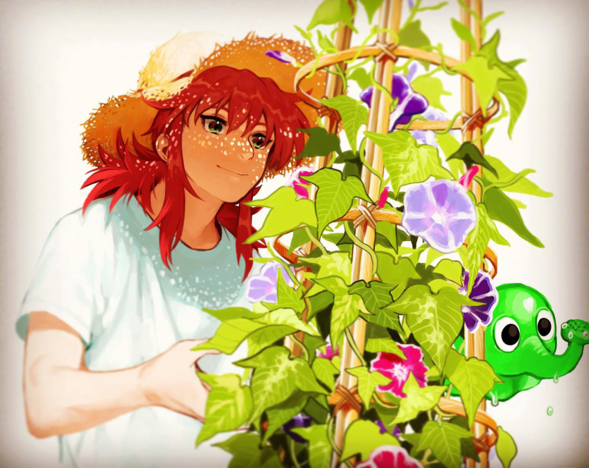 1boy alternate_costume closed_mouth flower gardening green_eyes hair_between_eyes hat holding holding_watering_can kurama_(yu_yu_hakusho) leaf looking_at_flowers looking_at_object male_focus mame_moyashi medium_hair morning_glory pink_flower plant purple_flower red_hair shirt short_sleeves sidelocks simple_background smile solo straw_hat sun_hat trellis upper_body vines watering_can white_background white_shirt yuu_yuu_hakusho