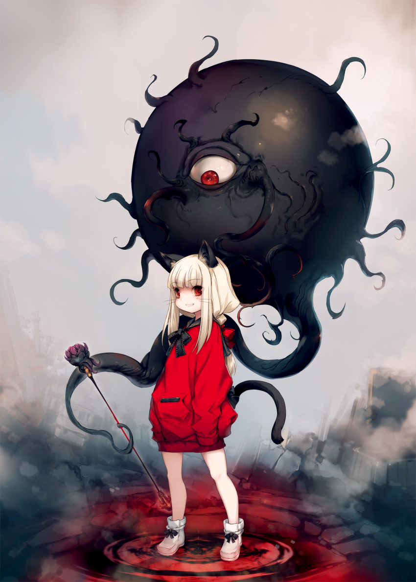 1girl 1other animal_ear_fluff animal_ears blonde_hair blood boots cat_ears cat_tail cyclops dress eldritch_abomination floating full_body grin highres hitomaru long_hair long_sleeves monster one-eyed ponytail red_dress red_eyes ribbon sleeves_past_wrists smile tail tentacles wand whiskers white_footwear