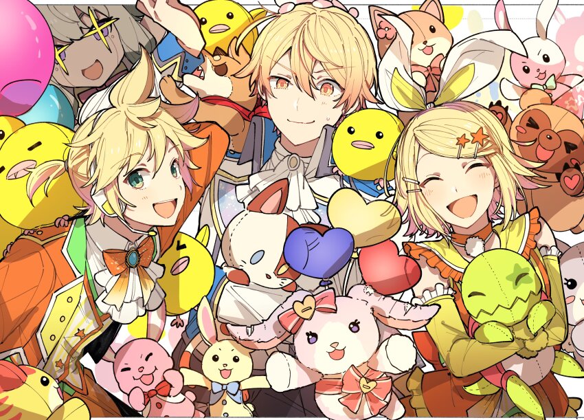 1girl 2boys absurdres ascot balloon blue_eyes bow brother_and_sister closed_eyes commentary detached_sleeves hair_bow hair_ornament headphones headset highres holding holding_stuffed_toy hoshi-toge jacket kagamine_len kagamine_rin long_sleeves microphone multiple_boys nenerobo open_mouth orange_jacket pink_bow ponytail project_sekai short_ponytail siblings smile star_(symbol) star_hair_ornament stuffed_animal stuffed_bird stuffed_bunny_(project_sekai) stuffed_cat stuffed_rabbit stuffed_toy stuffed_turtle symbol-only_commentary teddy_bear tenma_tsukasa twins upper_body vest vocaloid white_ascot white_jacket white_vest wonderlands_x_showtime_(project_sekai) wonderlands_x_showtime_len wonderlands_x_showtime_rin