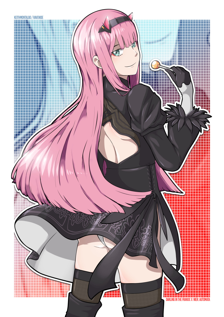 1girl absurdres artist_name ass back_cutout black_dress black_hairband black_headwear boots candy clothing_cutout commentary copyright_name cosplay darling_in_the_franxx dress english_commentary feather-trimmed_sleeves food gloves green_eyes hairband high_heel_boots high_heels highres holding holding_candy holding_food horns juliet_sleeves leather leather_boots leotard long_sleeves looking_back nier_(series) nier:automata oni_horns panties pink_hair puffy_sleeves ravenide red_horns smile solo straight_hair thigh_boots thighhighs thighhighs_under_boots underwear vambraces white_leotard white_panties 2b_(nier:automata) 2b_(nier:automata)_(cosplay) zero_two_(darling_in_the_franxx) zoom_layer