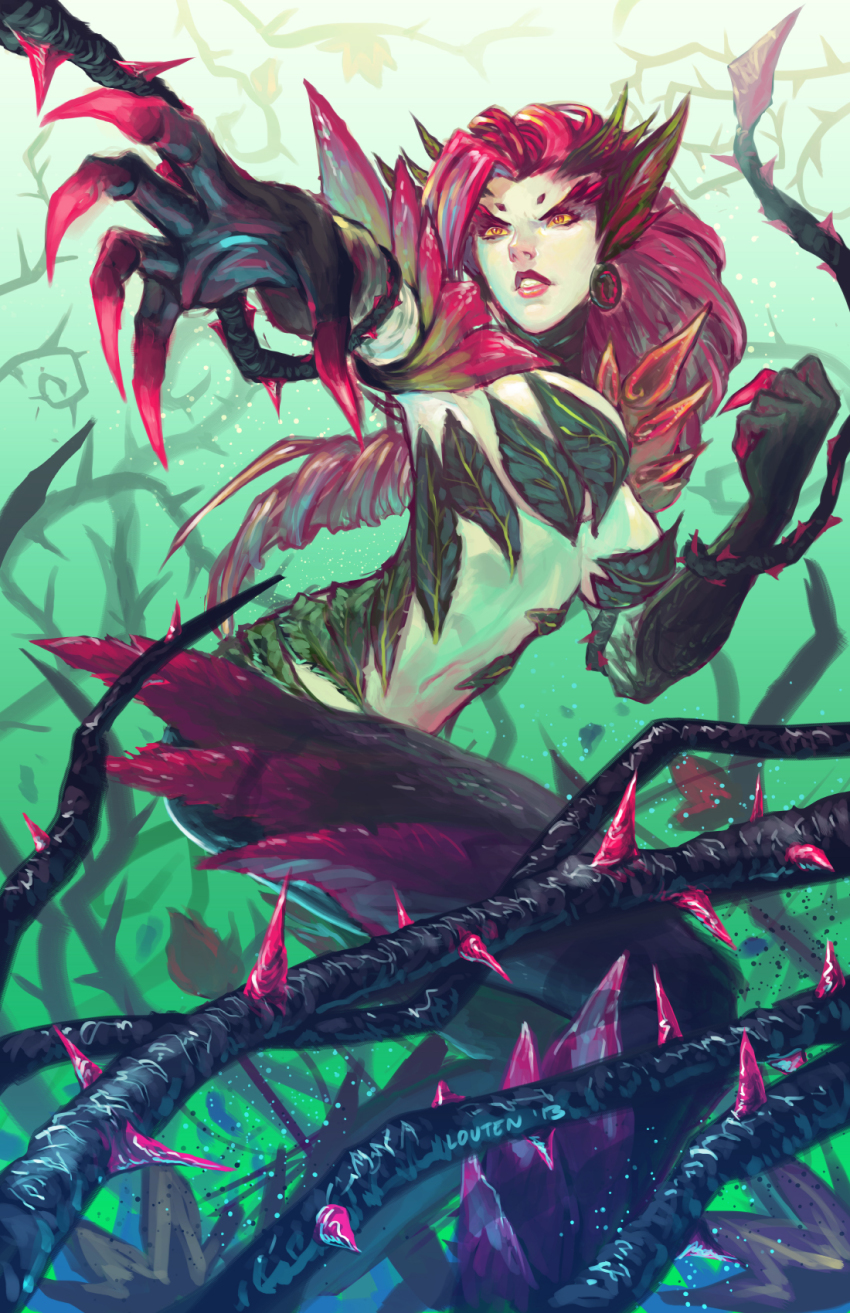 1girl breasts highres huge_breasts large_breasts league_of_legends long_hair louten monster_girl non-web_source plant red_hair self-upload thorns vines wearing_plant yellow_eyes zyra