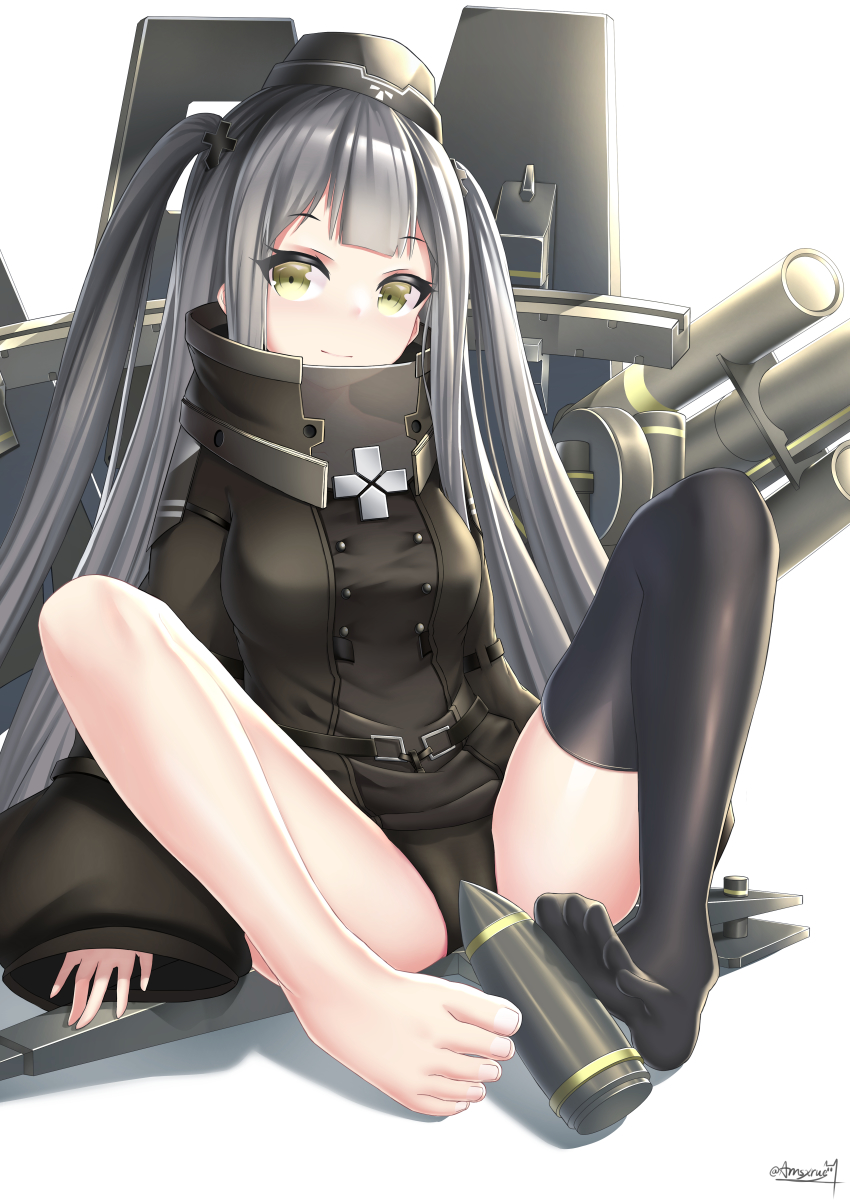 1girl 88_flak_(ash_arms) absurdres amsxure ash_arms barefoot black_hair black_thighhighs breasts coat commentary_request foot_focus green_eyes highres long_hair looking_at_viewer m_legs medium_breasts panties shell_casing simple_background single_thighhigh solo spread_legs thighhighs toes trench_coat underwear white_background