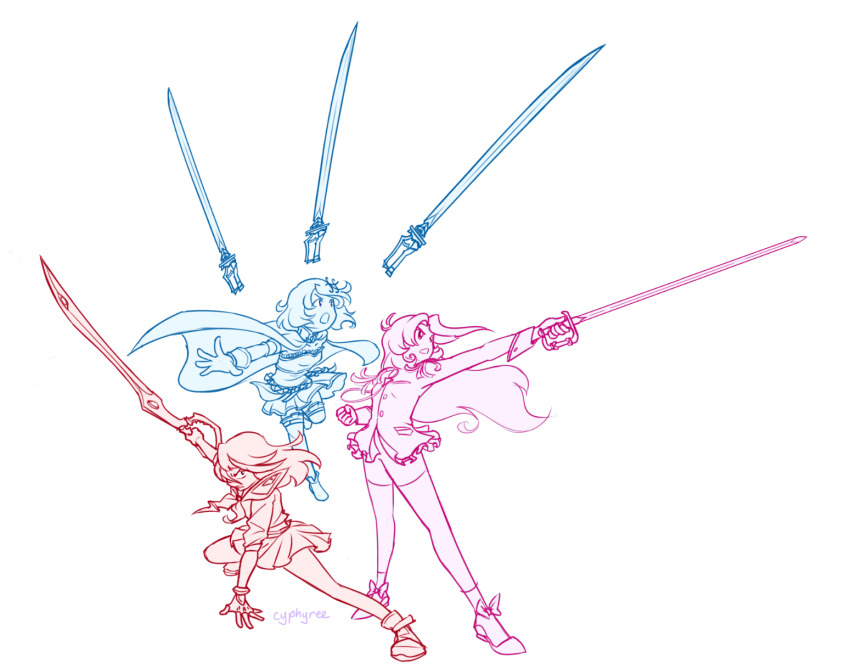 1other 3girls artist_name bike_shorts cape crossover cyphyree flat_color fortissimo full_body gloves hair_ornament highres holding holding_sword holding_weapon jacket kill_la_kill limited_palette long_hair magical_girl mahou_shoujo_madoka_magica matoi_ryuuko miki_sayaka miki_sayaka_(magical_girl) multiple_girls musical_note musical_note_hair_ornament ootori_gakuen_school_uniform pleated_skirt school_uniform scissor_blade_(kill_la_kill) senketsu short_hair shoujo_kakumei_utena simple_background sketch skirt standing sword sword_of_dios tenjou_utena thighhighs trait_connection weapon