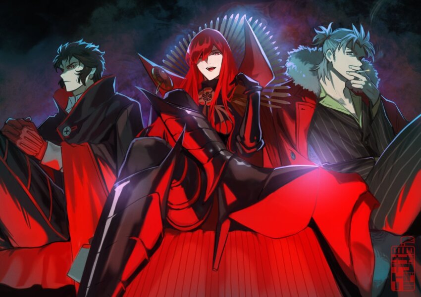 1girl 2boys black_hair boots cape cigarette crossed_legs fate/grand_order fate_(series) formal gloves grey_eyes grey_hair hair_over_one_eye high_heel_boots high_heels hijikata_toshizou_(fate) holding holding_cigarette jacket jacket_on_shoulders multiple_boys oda_nobunaga_(fate) oda_nobunaga_(maou_avenger)_(fate) red_cape red_eyes red_gloves red_hair smoking striped_suit suit takeda_shingen_(fate) teria_(teriarian)