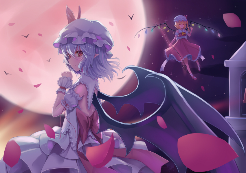 2girls ascot backless_outfit bat_(animal) bat_wings bell bell_tower black_wings blonde_hair closed_mouth crystal flandre_scarlet floating full_moon hat hat_ribbon highres long_hair mob_cap moon multiple_girls night night_sky outdoors petals pointy_ears red_eyes red_footwear red_ribbon red_skirt remilia_scarlet ribbon rose_petals shirt shoes siblings silver_hair sisters skirt skirt_set sky smile socks sonikey0_0 touhou white_hat white_legwear white_shirt white_skirt wind wings wrist_cuffs yellow_ascot