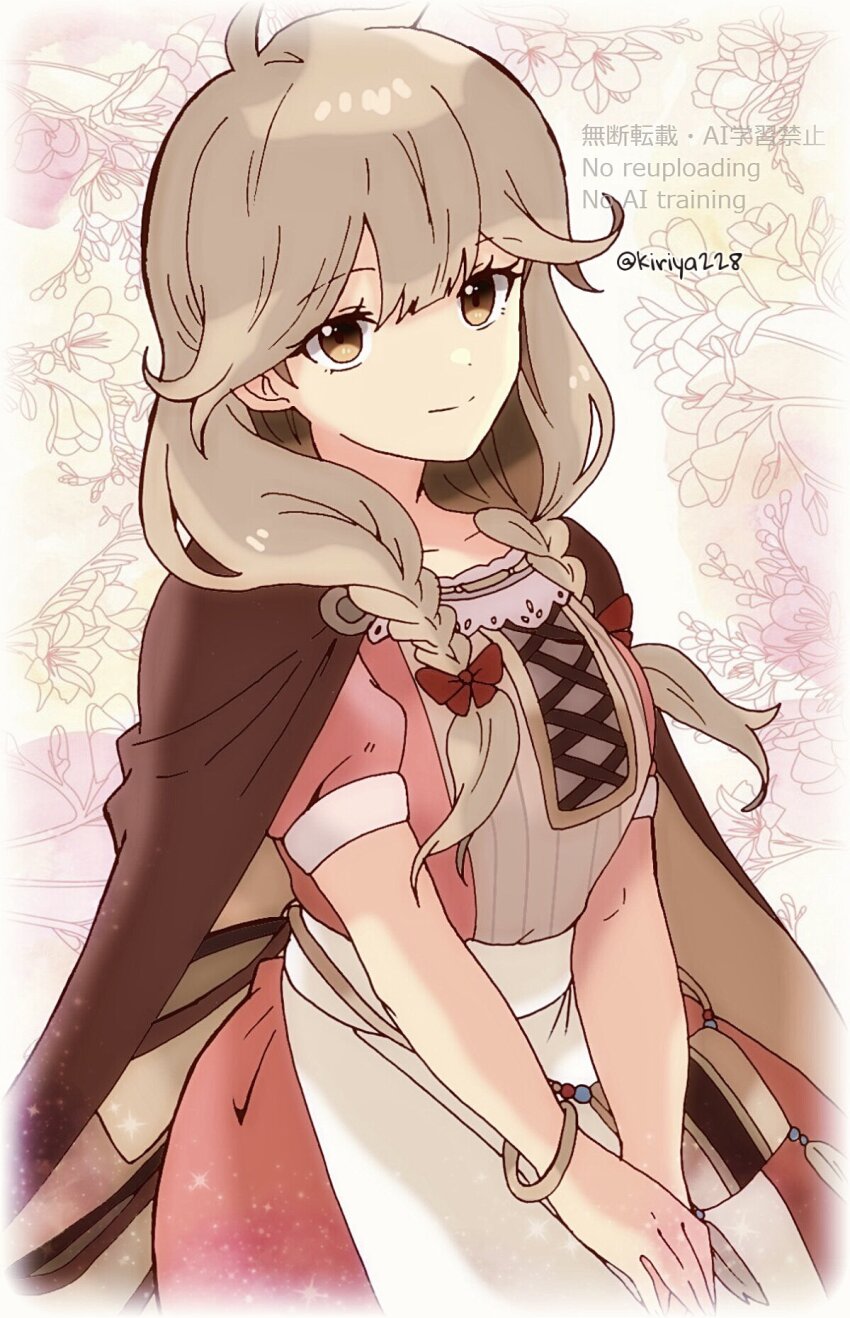 1girl bow braid brown_cape brown_eyes brown_hair cape closed_mouth dress faye_(fire_emblem) fire_emblem fire_emblem_echoes:_shadows_of_valentia hair_bow highres kiriya_(552260) long_hair looking_at_viewer nintendo red_bow short_sleeves smile solo twin_braids twitter_username