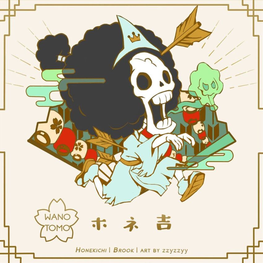 1boy afro arrow_(projectile) arrow_in_body artist_name black_hair brook_(one_piece) character_name chibi colored_smoke commentary full_body ghost half_updo japanese_clothes kimono lantern male_focus one_piece open_mouth sandals sash skeleton smoke socks solo zzyzzyy