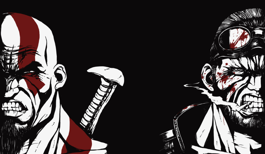 2boys angry bad_id bad_pixiv_id bald black_background blood cigarette clenched_teeth crossover god_of_war goggles high_contrast highres jack_cayman kratos_(god_of_war) madworld male_focus monochrome multiple_boys myuutau_tadakichi portrait simple_background smoking teeth weapon