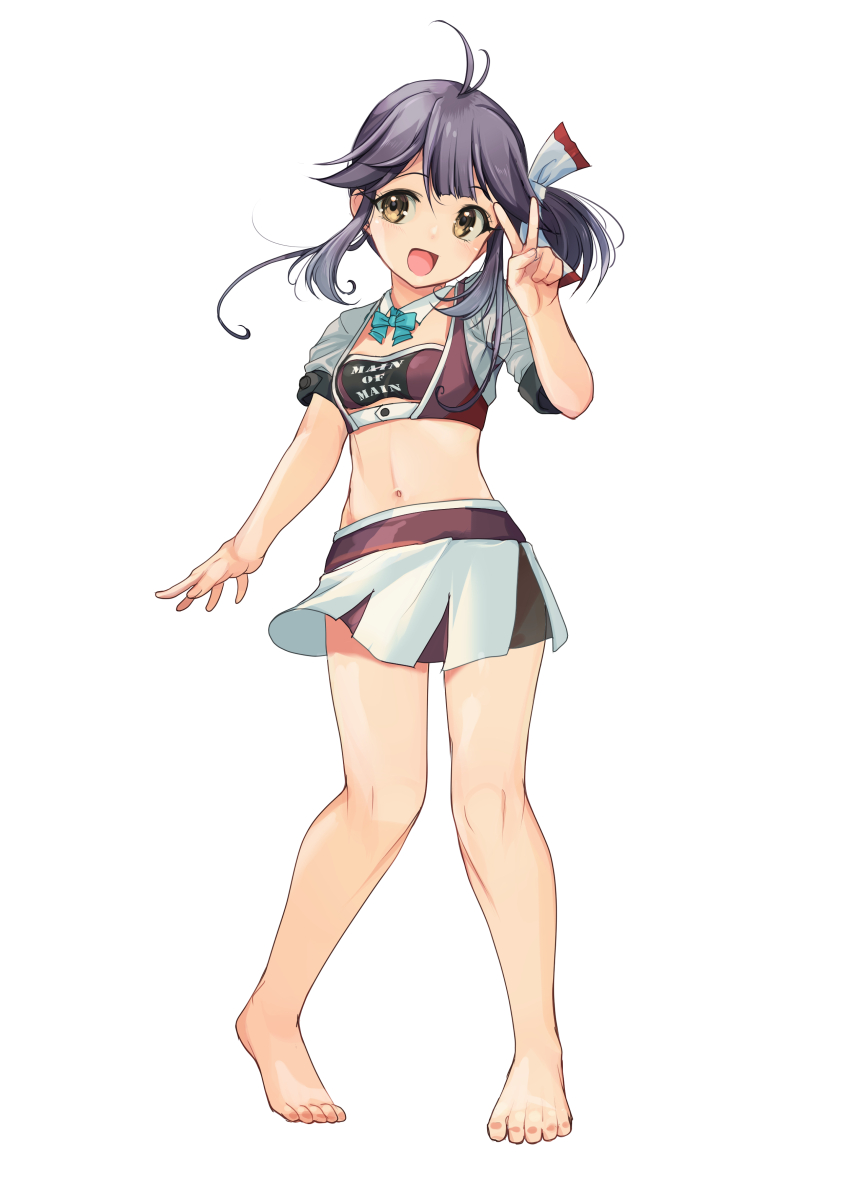 1girl absurdres ahoge aqua_bow aqua_bowtie bandeau barefoot black_hair bow bowtie clothes_writing contrapposto cropped_jacket detached_collar full_body hair_ribbon hayanami_(kancolle) highres jacket kantai_collection medium_hair midriff mole mole_on_neck multiple_views navel one_eye_closed pleated_skirt purple_bandeau race_queen ribbon side_ponytail simple_background skirt standing v white_background white_jacket white_ribbon white_skirt yashin_(yasinz) yellow_eyes