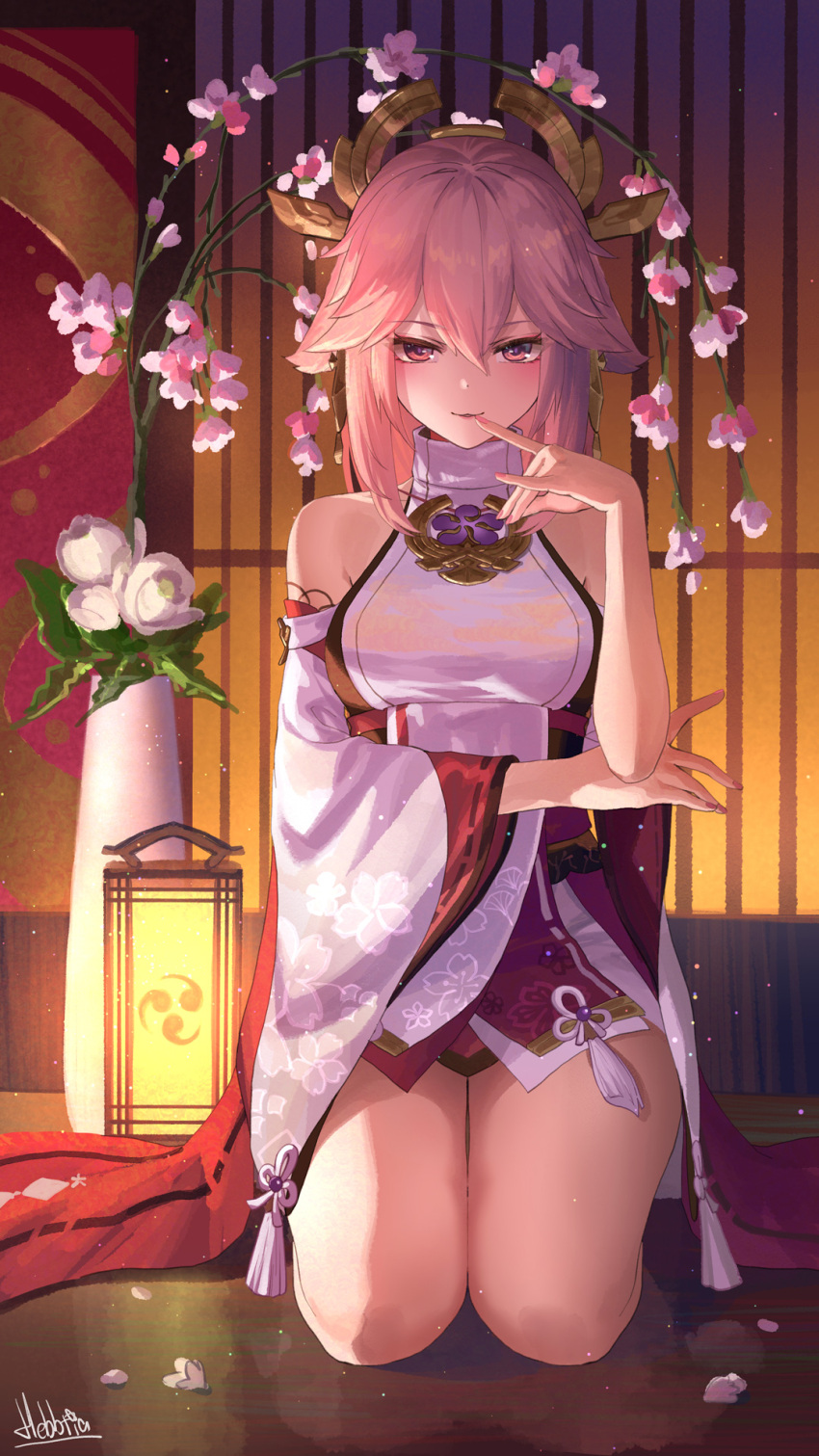 1girl animal_ears bare_shoulders blush breasts detached_sleeves earrings fox_ears genshin_impact hair_between_eyes hair_ornament hebbtia highres japanese_clothes jewelry kneeling large_breasts long_hair long_sleeves looking_at_viewer medium_breasts pink_hair purple_eyes smile solo very_long_hair wide_sleeves yae_miko