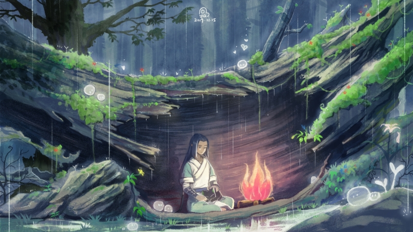 2boys animal animal_on_lap black_cat black_hair branch campfire cat dated flower highres leaf long_hair luo_xiaohei luo_xiaohei_(cat) luo_xiaohei_zhanji moss multiple_boys on_lap outdoors puddle qingjian900 rain red_flower rock smile tree water wuxian_(the_legend_of_luoxiaohei)