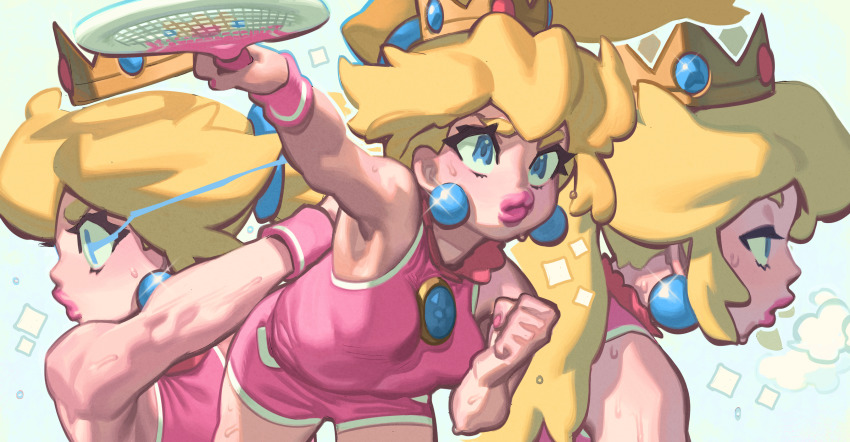 1girl armpits blonde_hair blue_eyes breath brooch crown gloss_(hotglossed) highres jewelry mario_(series) mario_tennis mini_crown multiple_views nintendo outstretched_arms princess_peach racket short_shorts shorts sleeveless sportswear tennis_peach tennis_racket tennis_uniform thick_lips toned wristband