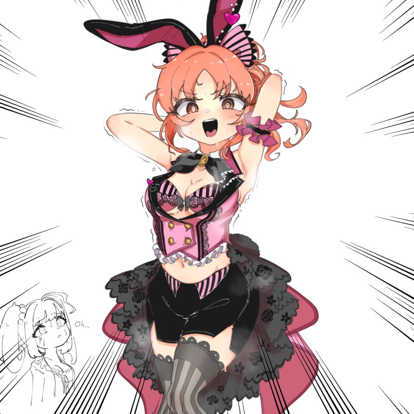 2girls abe_nana anderson_m0311 animal_ears armpits arms_up blush emphasis_lines fake_animal_ears highres idolmaster idolmaster_cinderella_girls long_hair looking_at_viewer miniskirt multiple_girls navel open_mouth orange_eyes orange_hair pencil_skirt ponytail rabbit_ears sato_shin skirt solo_focus thighhighs trembling