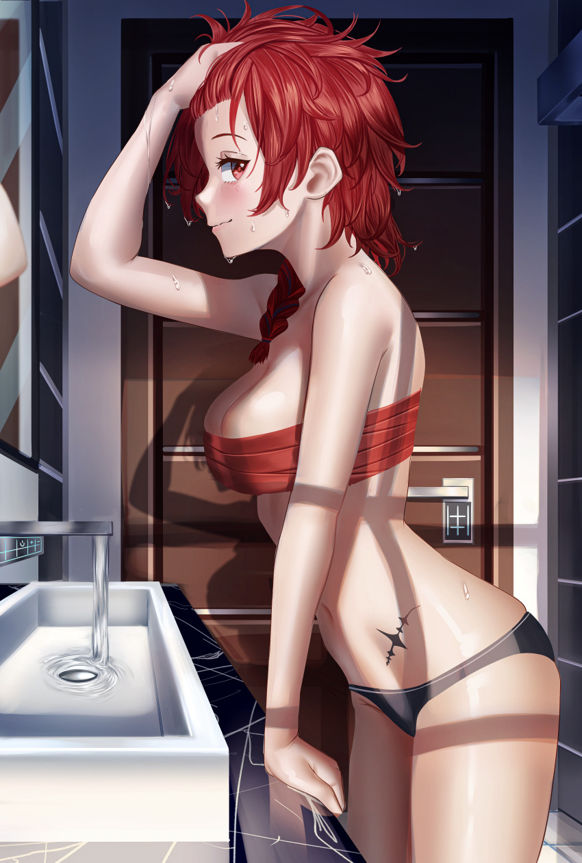 1girl absurdres arm_up bare_arms bare_shoulders black_panties blush braid breasts chest_sarashi chixia_(wuthering_waves) cleavage closed_mouth commentary cowboy_shot door faucet from_side highres indoors looking_at_viewer manjo_(warito) medium_breasts mirror navel panties red_eyes red_hair sarashi side_braid solo standing stomach symbol-only_commentary tacet_mark_(wuthering_waves) thighs underwear underwear_only washbowl water wet wet_face wet_hair window_shadow wuthering_waves