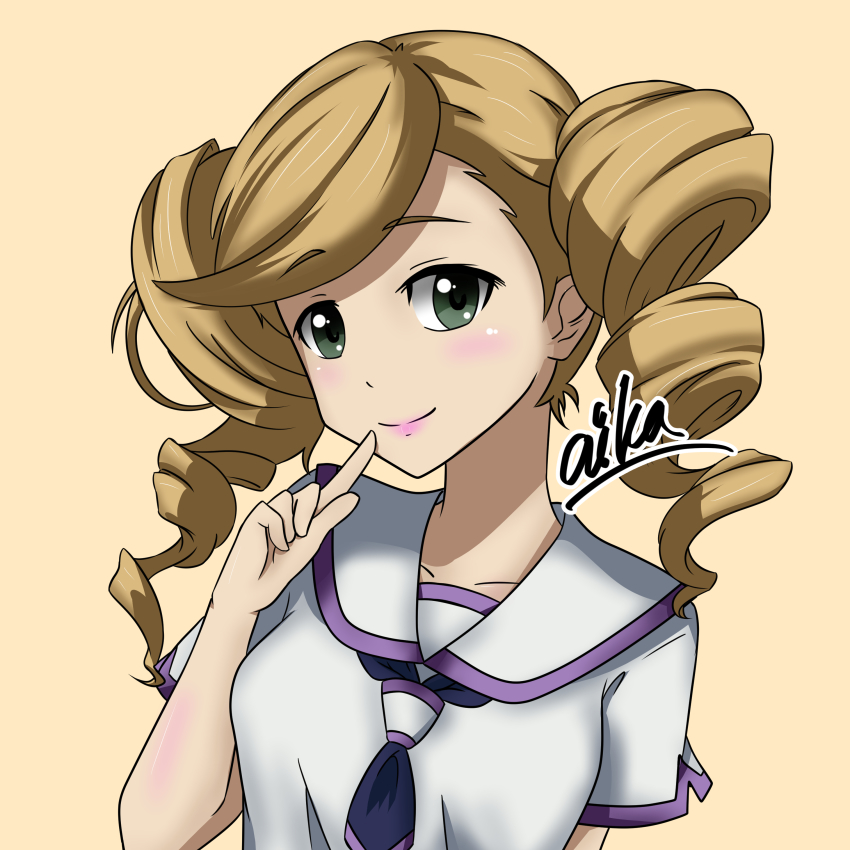 1girl absurdres aikazilla alternate_costume beige_background blonde_hair drill_hair eco_turbine finger_to_mouth green_eyes gundam gundam_build_divers gundam_build_divers_re:rise gundam_tekketsu_no_orphans highres purple_lips school_uniform serafuku smile solo twintails