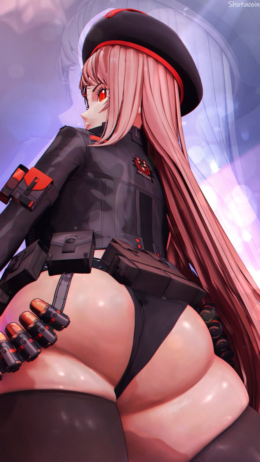 1girl artist_name ass closed_mouth from_below goddess_of_victory:_nikke highres long_hair rapi_(nikke) red_eyes simple_background solo thick_thighs thighs