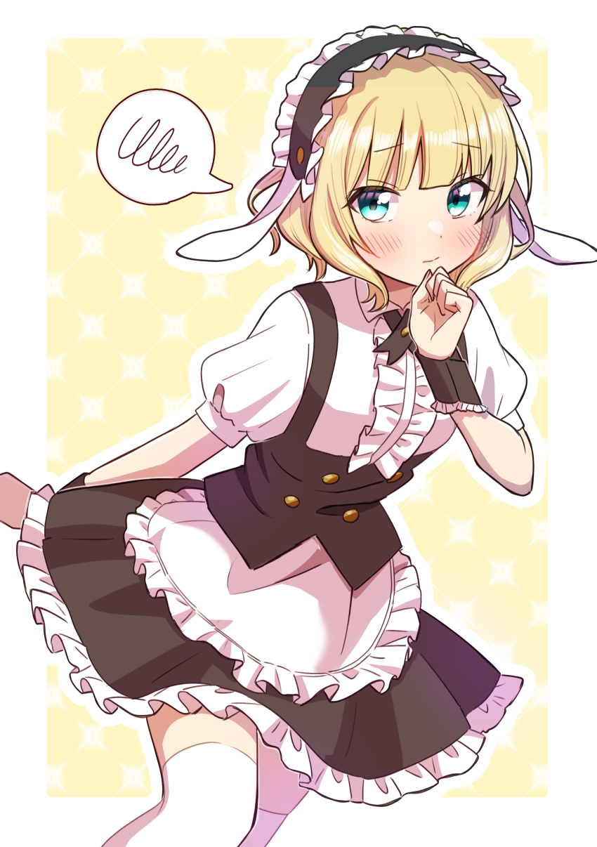 absurdres animal_ears apron aqua_eyes black_hairband black_skirt blonde_hair blunt_bangs blurry blush center_frills closed_mouth collared_shirt dancing depth_of_field facing_viewer fake_animal_ears fleur_de_lapin_uniform frilled_apron frilled_hairband frilled_skirt frills gochuumon_wa_usagi_desu_ka? hairband highres kirima_syaro looking_at_viewer maid mitsuba_tsuyu pleated_skirt puffy_short_sleeves puffy_sleeves rabbit_ears shirt short_hair short_sleeves skirt spoken_squiggle squiggle standing thighhighs waist_apron waitress white_apron white_shirt white_thighhighs wrist_cuffs zettai_ryouiki