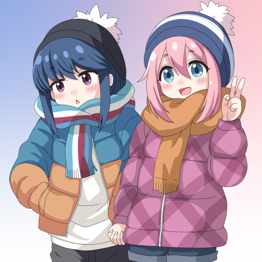 2girls blue_eyes blue_hair blush coat dot_nose feet_out_of_frame female_focus hair_between_eyes hat holding_hands kagamihara_nadeshiko looking_at_viewer multiple_girls open_clothes open_coat open_mouth pink_hair purple_eyes sakuzo scarf shima_rin shorts standing v winter_clothes winter_coat yurucamp