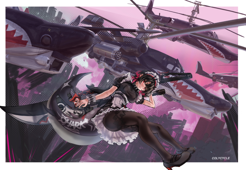 1girl absurdres aircraft attack_helicopter black_dress black_hair black_pantyhose colycycle dress dutch_angle ellen_joe full_body helicopter highres kamov_ka-50 maid maid_headdress military_vehicle missile_pod name_connection pantyhose shark_girl shark_print soviet_army war_thunder zenless_zone_zero