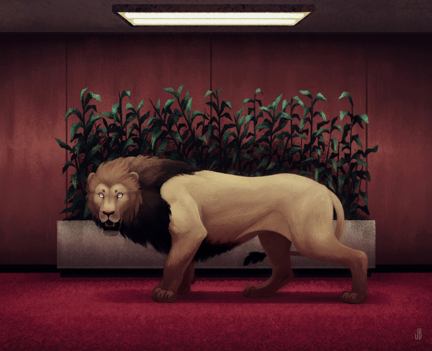 animal animal_focus blank_eyes brown_fur brown_hair carpet commentary dappermouth english_commentary fangs fluorescent_lamp full_body head_down highres horror_(theme) indoors lion looking_at_viewer no_humans open_mouth original overhead_lights plant potted_plant realistic red_carpet red_theme standing surreal white_eyes wooden_wall