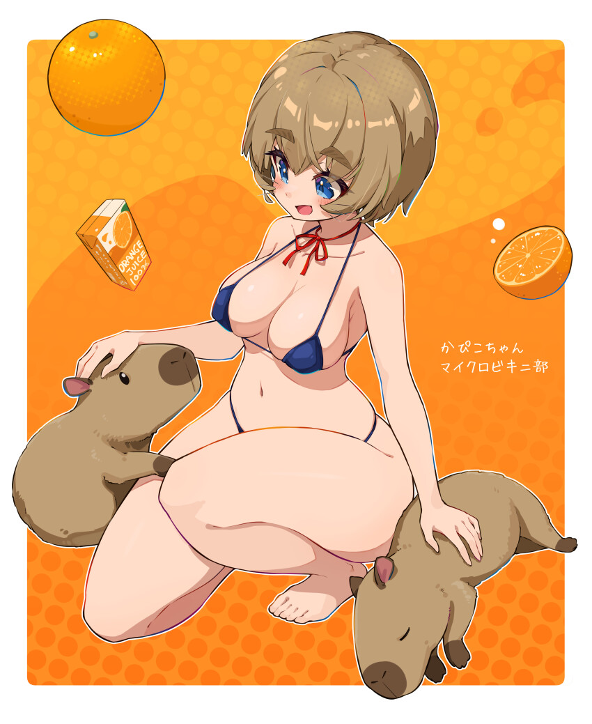 1girl absurdres armpits barefoot bikini blue_bikini blush breasts brown_hair capybara cleavage eyebrows_hidden_by_hair food from_side fruit full_body hair_between_eyes highres indie_virtual_youtuber juice_box jumpsuit kapiko_vtuber large_breasts looking_at_animal mefuchan micro_bikini navel open_mouth orange_(fruit) orange_jumpsuit petting polka_dot polka_dot_background short_hair sideboob sleeping smile solo squatting stomach swimsuit thick_eyebrows toes virtual_youtuber