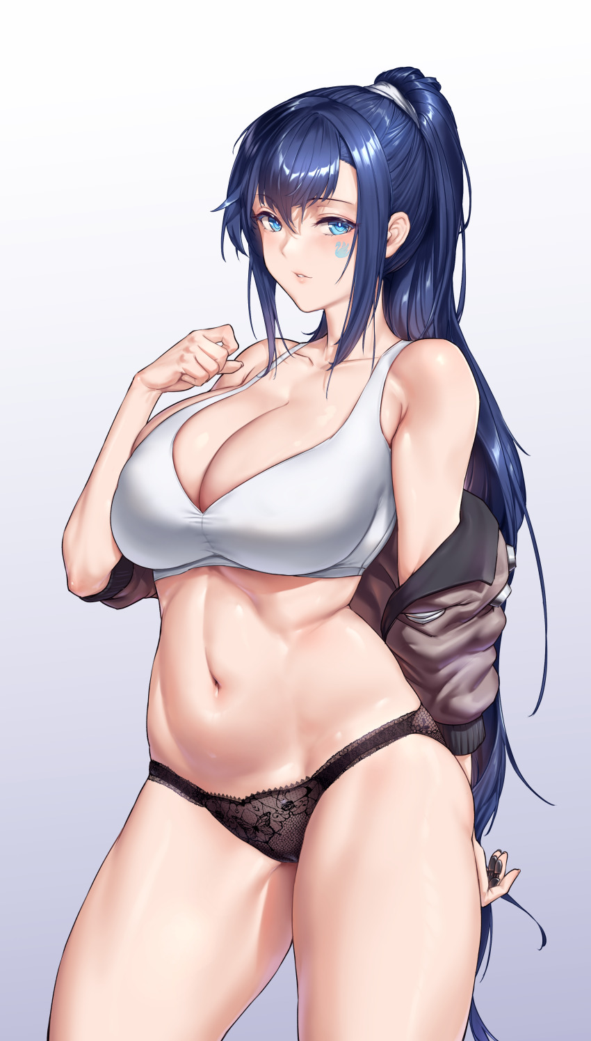 1girl absurdres arm_behind_back black_panties blue_eyes blue_hair bra breasts brown_jacket cameltoe cowboy_shot gradient_background hair_between_eyes hand_up highres jacket jinmeii large_breasts legs_apart long_hair looking_at_viewer navel no_pants off_shoulder open_clothes open_jacket original panties parted_lips ponytail ponytailed_girl_(songbarang) second-party_source shiny_skin solo stomach underwear variant_set very_long_hair white_bra