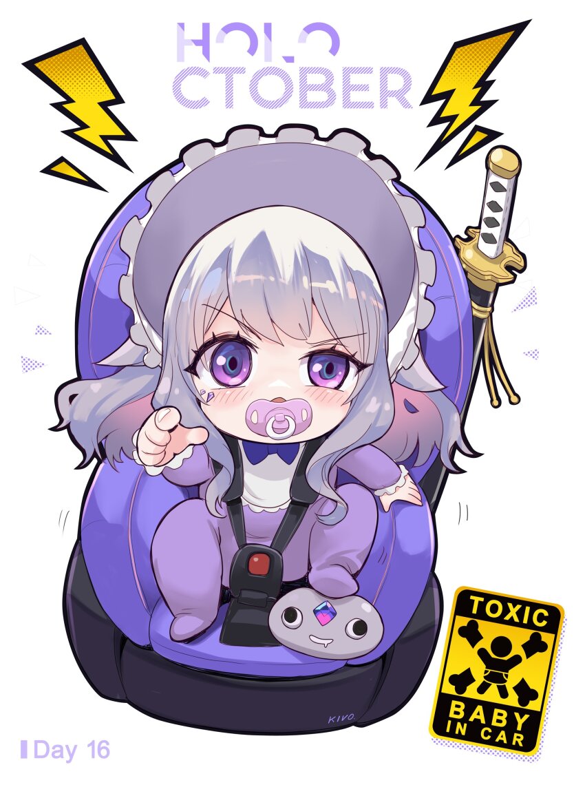 1girl absurdres aged_down artist_name baby baby_on_board baby_seat bib child colored_inner_hair commentary english_commentary face_jewel full_body gem grey_hair highres hololive hololive_english jewel_under_eye katana kivo koseki_bijou lightning_bolt_symbol long_hair looking_at_viewer multicolored_hair onesie pacifier pebble_(koseki_bijou) pink_hair pointing pointing_at_viewer purple_eyes purple_gemstone seatbelt simple_background solo sword virtual_youtuber weapon white_background