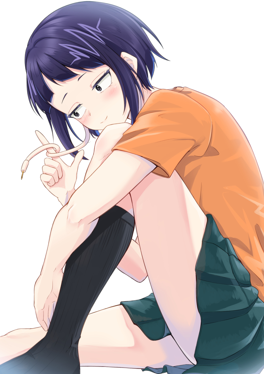 1girl absurdres audio_jack black_socks boku_no_hero_academia green_skirt highres jirou_kyouka knee_up kneehighs long_earlobes orange_shirt pleated_skirt purple_eyes purple_hair shiraae_quartet shirt short_hair simple_background skirt socks solo t-shirt white_background