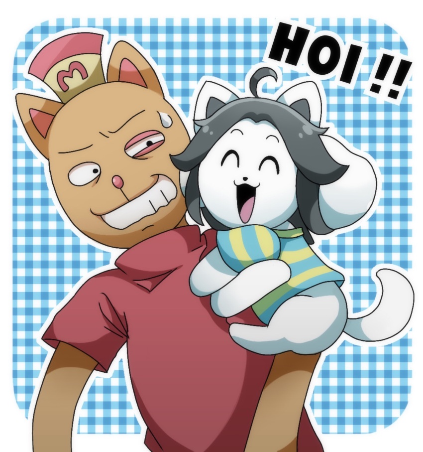 1boy 1girl :3 ahoge animal_ears black_hair blue_background blue_shirt burgerpants cat_boy cat_ears commentary_request dog_girl furry furry_female furry_male hat highres hug kusaremix looking_at_another looking_to_the_side open_mouth plaid_background red_shirt shirt short_hair short_sleeves striped_clothes striped_shirt sweatdrop temmie undertale upper_body yellow_shirt