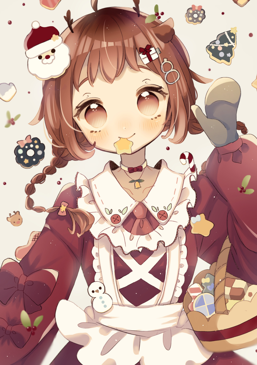 1girl absurdres animal_ears antlers apron arm_up ascot basket blush braid brown_eyes choker christmas closed_mouth collared_dress cookie deer_ears dress food food_in_mouth frilled_apron frills hair_ornament hairclip hairpin highres horns jewelry long_hair long_sleeves looking_at_viewer mittens nagihoko necklace necktie original puffy_long_sleeves puffy_sleeves reindeer_antlers short_apron short_bangs sleeve_bow smile solo waving