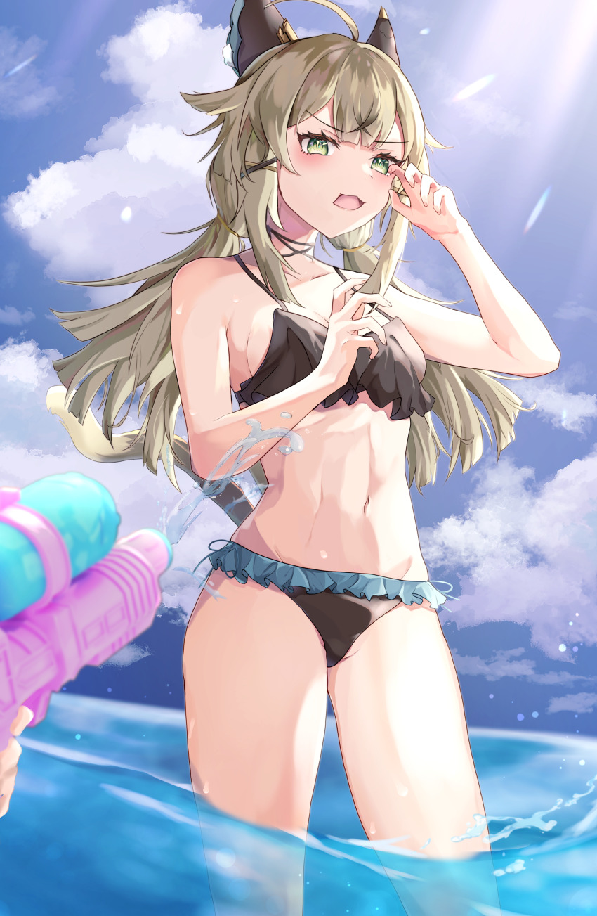 1girl 1other absurdres ahoge animal_ears bare_arms bare_shoulders bikini black_bikini blue_sky cat_ears cloud commentary_request cowboy_shot day genshin_impact green_eyes grey_hair haneshuu_rie highres kirara_(genshin_impact) long_hair looking_at_viewer navel open_mouth revision sky solo_focus standing stomach swimsuit thighs wading water water_gun