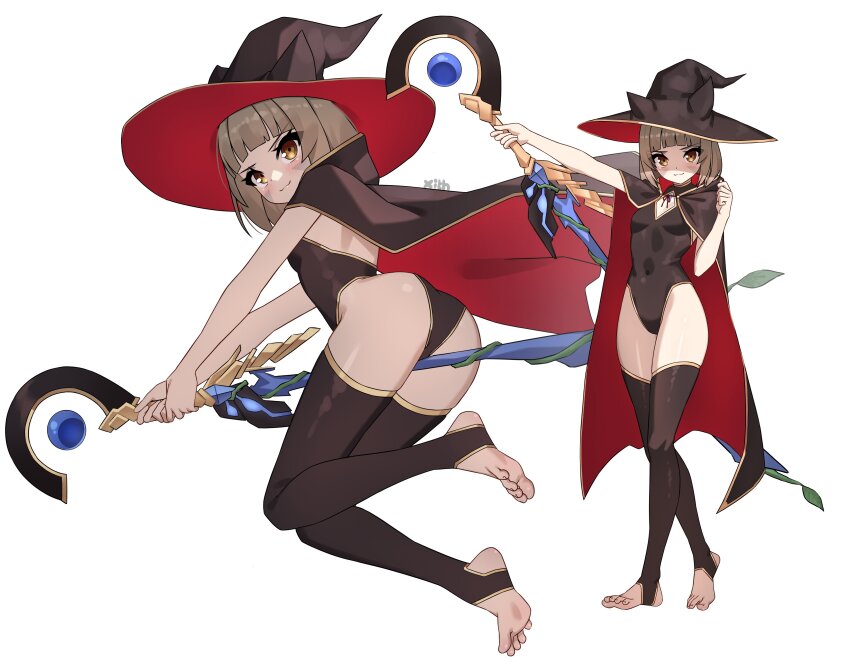 1girl absurdres arm_up artist_name black_cape black_hat black_leotard black_thighhighs blunt_bangs breasts brown_eyes brown_hair cape closed_mouth covered_navel dot_nose full_body hat highleg highleg_leotard highres leotard light_blush looking_at_viewer mage_staff medium_hair multiple_views nia_(xenoblade) red_cape red_hat simple_background small_breasts smile stirrup_legwear thighhighs toeless_legwear two-tone_cape two-tone_hat two-tone_headwear white_background witch_hat x_xith_x xenoblade_chronicles_(series)