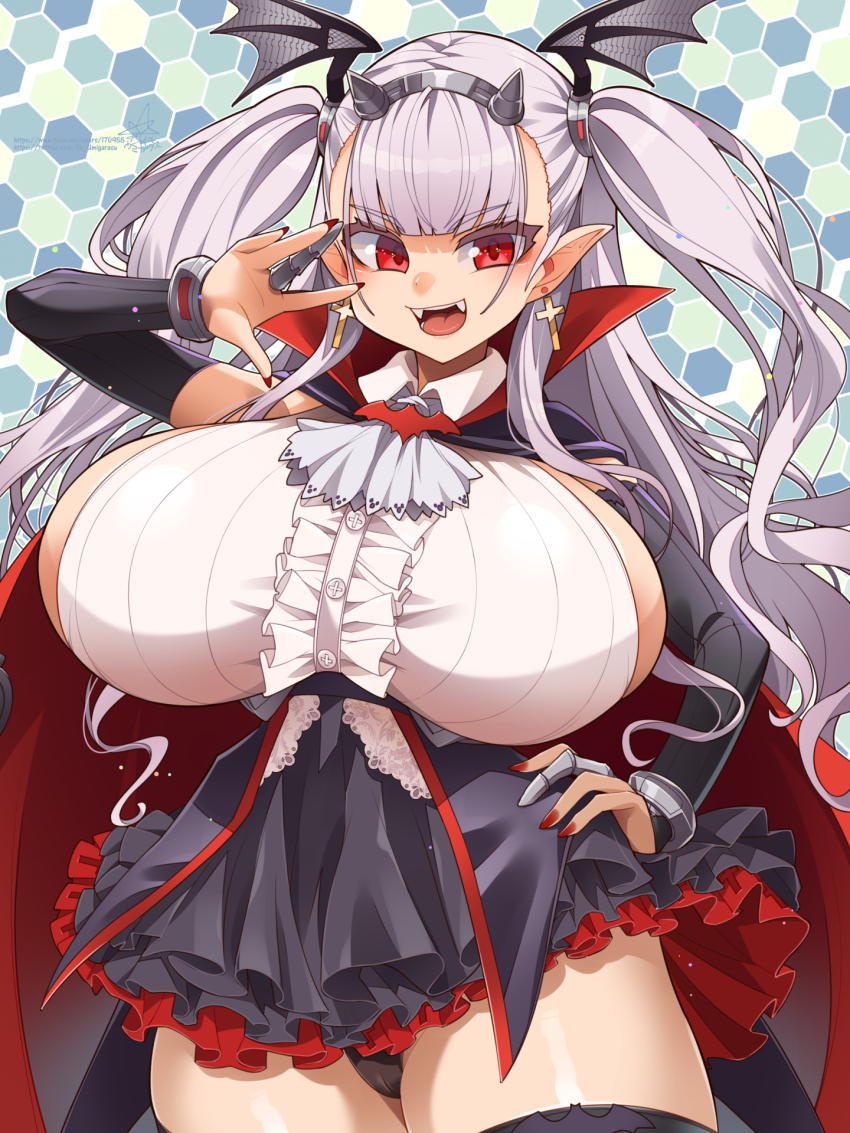 1girl black_panties black_skirt black_thighhighs black_wings breasts cowboy_shot cross cross_earrings draculina_(last_origin) earrings fangs hand_on_own_hip head_wings highres horns huge_breasts jewelry last_origin long_hair looking_at_viewer miniskirt nail_polish necktie open_mouth panties pantyshot pointy_ears red_eyes red_necktie sideboob skirt smile solo thighhighs twintails umigarasu_(kitsune1963) underwear very_long_hair white_hair wings