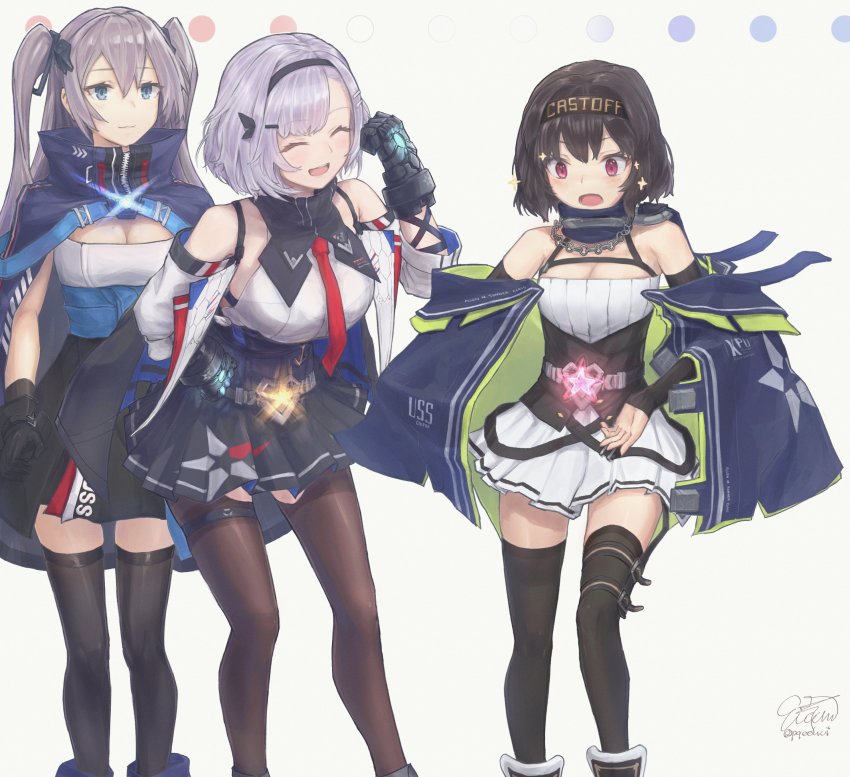 3girls :3 :d :o absurdres azur_lane black_gloves black_hair black_legwear black_ribbon blue_eyes breasts closed_eyes clothes_writing commentary_request cooper_(azur_lane) diadem eicam gloves grey_background grey_hair hachimaki hair_ribbon hand_on_own_hip headband highres intrepid_(azur_lane) leaning_forward long_hair metal_gloves mole mole_on_breast multiple_girls necktie open_mouth pink_eyes pleated_skirt red_neckwear reno_(azur_lane) ribbon short_hair signature skirt smile standing thighhighs two_side_up zettai_ryouiki