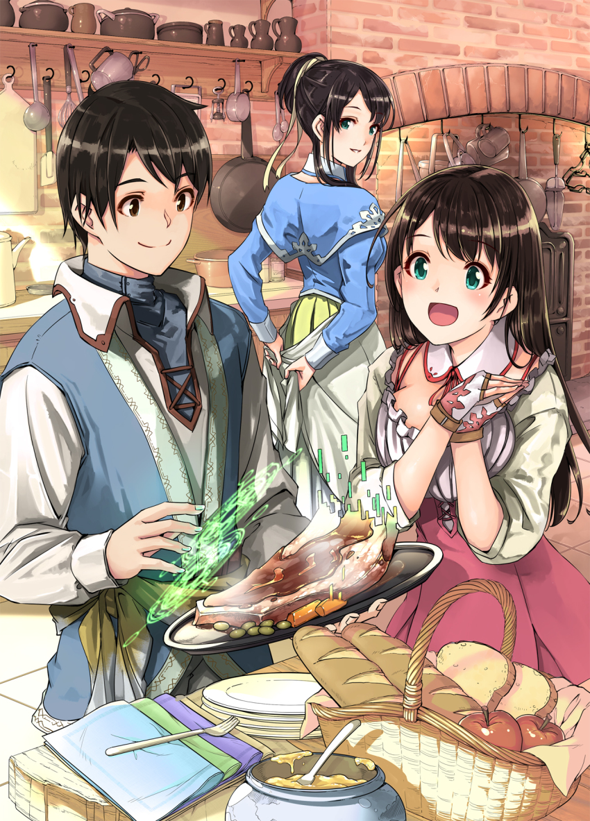 1boy 2girls :d apple aqua_eyes baguette basket black_eyes black_hair blush bread breasts character_request cover_image detached_collar digital_dissolve fingerless_gloves food fork fruit gloves gustav_(telomere_na) hair_bun highres indoors kitchen large_breasts long_hair looking_at_another looking_back multiple_girls novel_illustration npc_to_kurasou! official_art open_mouth own_hands_together picnic_basket plate pot second-party_source short_hair single_hair_bun smile steak textless_version