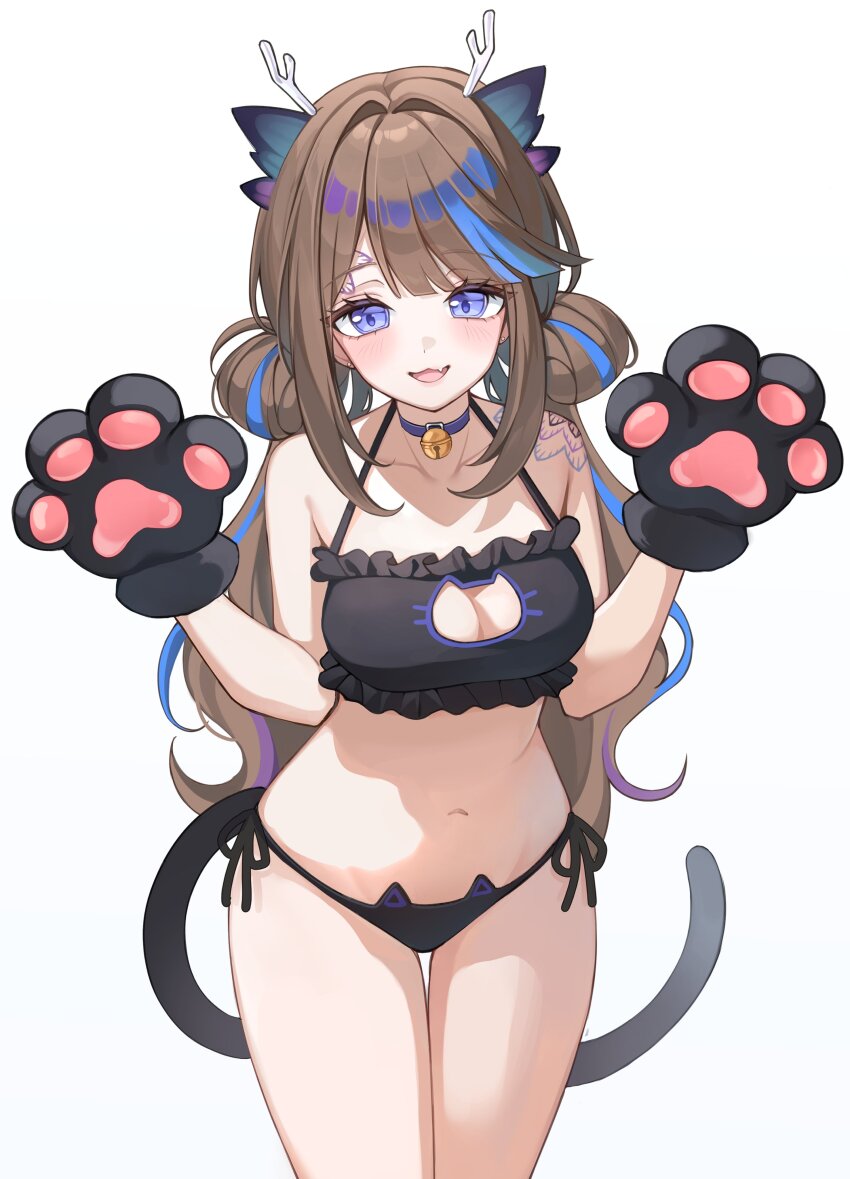 1girl absurdres airi_kanna animal_hands bare_shoulders bell black_gloves blue_hair breasts brown_hair cat_tail cleavage dragon_horns fake_tail fang gloves hands_up highres horns long_hair looking_at_viewer multicolored_hair navel neck_bell open_mouth panties paw_gloves shoulder_tattoo simple_background smile solo standing stellive stomach tail tattoo underwear virtual_youtuber white_background yulha_06