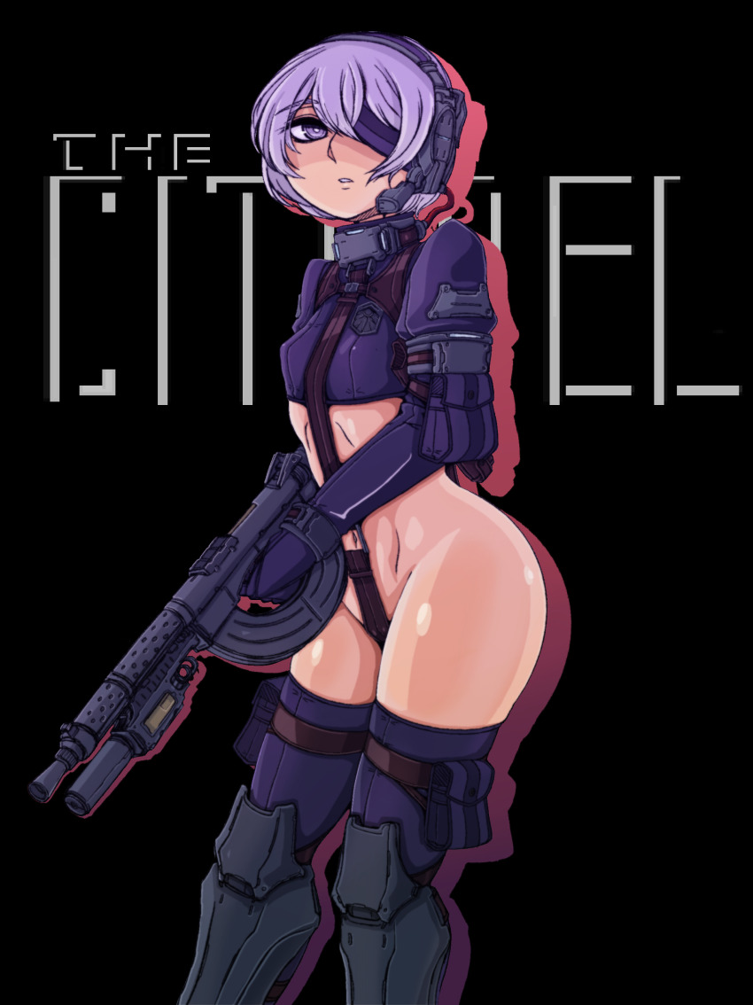 1girl arm_pouch armor armored_boots ass assault_rifle black_bow boots bow crotch_strap doekuramori english_text female_focus gloves greaves gun hair_between_eyes headgear holding holding_gun holding_rifle holding_weapon holster martyr_(the_citadel) matching_hair/eyes official_art one_eye_covered open_mouth pouch purple_eyes purple_gloves purple_hair rifle solo solo_focus standing the_citadel thigh_pouch thigh_strap thighhighs title weapon