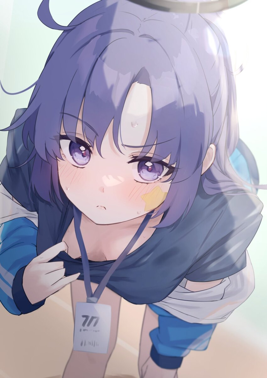 1girl black_halo black_shirt blue_archive gym_shirt gym_uniform halo highres id_card jacket jacket_partially_removed lanyard mechanical_halo official_alternate_costume purple_eyes purple_hair shirt solo star_sticker sticker_on_face yusuka_yuu yuuka_(blue_archive) yuuka_(track)_(blue_archive)