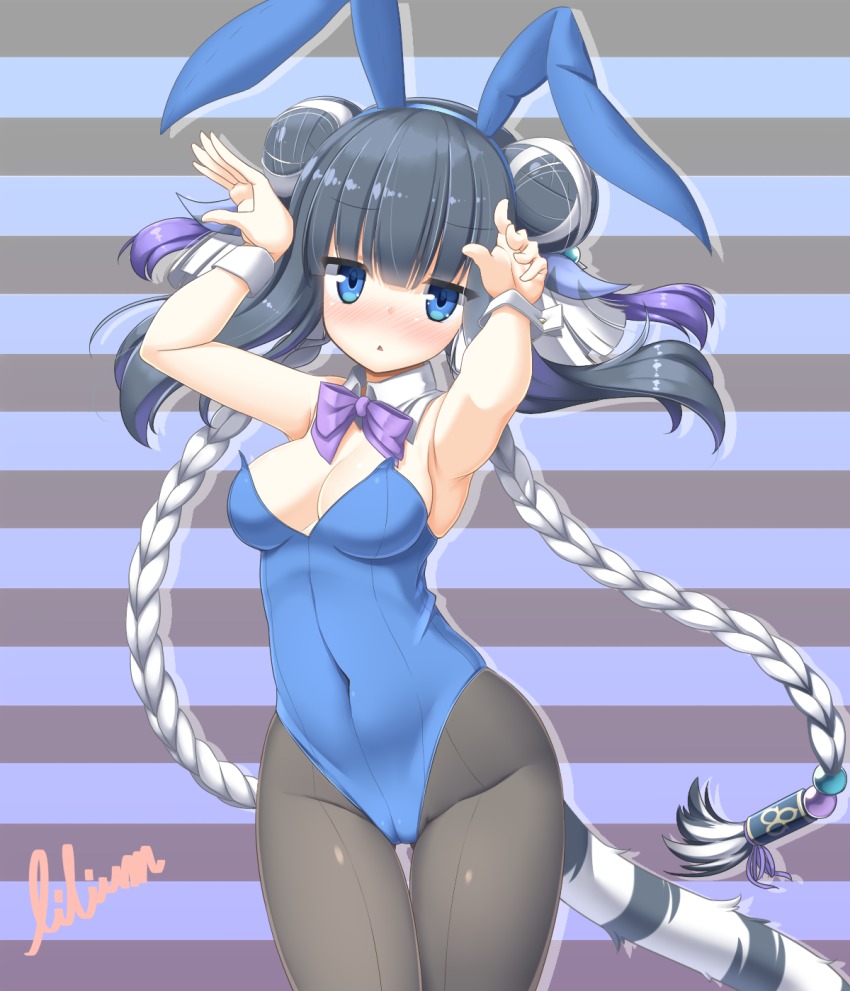 1girl animal_ears black_hair blue_eyes blue_leotard blunt_bangs bow bowtie commentary_request cowboy_shot detached_collar double_bun fake_animal_ears female_focus hair_bun haku_(p&amp;d) highres leotard lilium0235 multicolored_hair pantyhose playboy_bunny purple_bow purple_bowtie puzzle_&amp;_dragons rabbit_ears rabbit_girl rabbit_pose rabbit_tail solo strapless strapless_leotard striped_background tail tiger_ears tiger_tail two-tone_hair white_hair wrist_cuffs