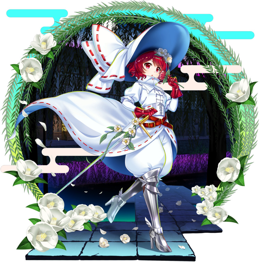 1girl alternate_costume armored_boots belt boots bow clothing_request egasumi falling_petals flower flower_request game_cg gloves hair_flower hair_ornament hand_on_hilt hat hat_bow high_collar high_heels highres holding holding_flower looking_at_viewer official_art open_mouth petals plant_request red_belt red_eyes red_flower red_gloves red_hair ribbon-trimmed_bow ribbon_trim rotte_(1109) sekibanki short_hair solo sword third-party_source touhou touhou_lostword transparent_background weapon white_bow white_flower white_hat white_petals