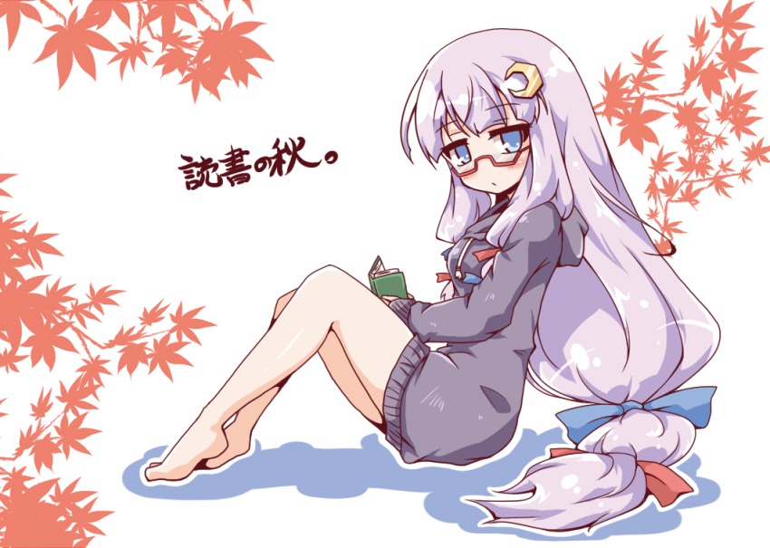 1girl alternate_costume bespectacled blue_eyes book crescent crescent_hair_ornament dress female_focus glasses hair_ornament hair_ribbon hood hoodie leaf long_hair looking_at_viewer maple_leaf moon neko_yume no_headwear patchouli_knowledge purple_hair red-framed_eyewear ribbon sitting solo sweater sweater_dress touhou