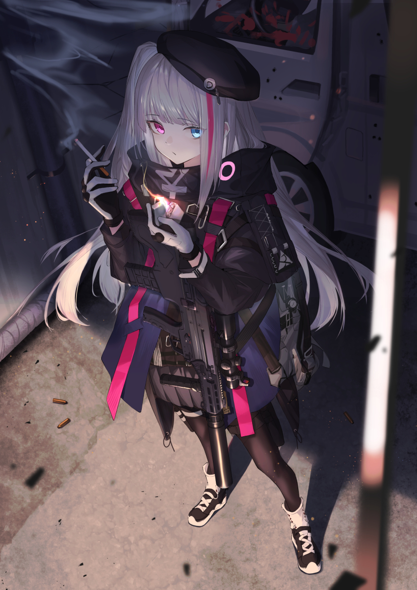 assault_rifle beret black_gloves black_jacket black_pantyhose black_skirt blood blue_eyes bullpup car cigarette commentary commission desert_tech_mdr english_commentary full_body girls&#039;_frontline gloves gun hat heterochromia highres holding holding_cigarette holding_lighter jacket lighter long_hair looking_at_viewer mdr_(girls&#039;_frontline) motor_vehicle multicolored_hair one_side_up pantyhose pink_eyes pink_hair pleated_skirt rifle scope shell_casing shoes skeb_commission skirt smoke sneakers streaked_hair suppressor two-tone_gloves weapon white_gloves white_hair yakupan